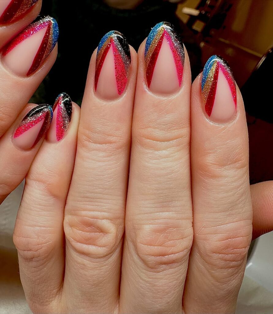V-Shaped Rainbow Glitter Nails